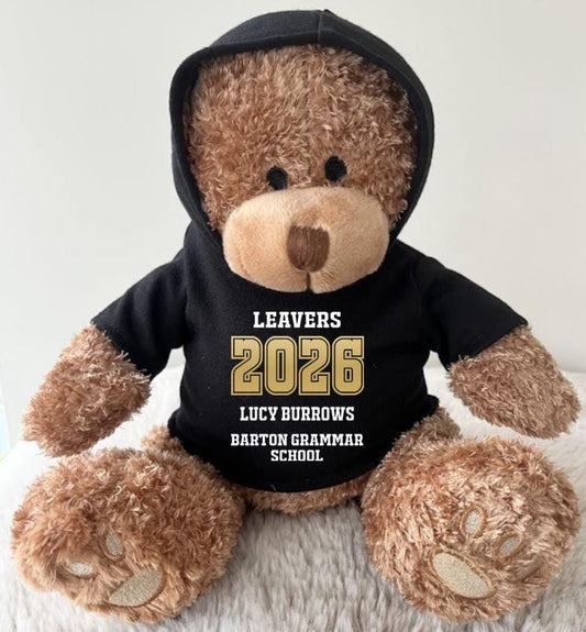 Personalised School Leavers 2026 Hoodie Bear, Class of 2026 Keepsake Teddy, Black White Hoodie Gold Foil Graduate Bear, College Gift Bear
