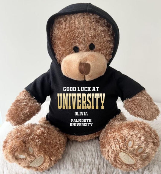 Personalised University Good Luck Hoodie Bear, Good Luck at Uni Keepsake Hoodie Teddy, Going To Uni Gift, Black White Hoodie Student Bear